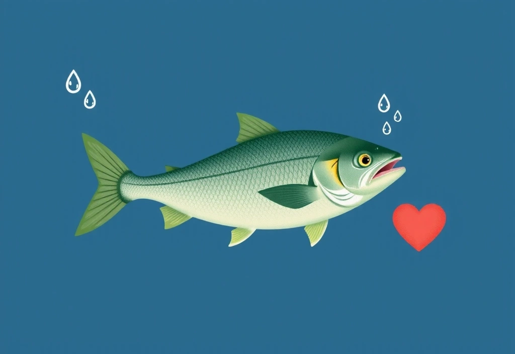 Pesci stilizzati in movimento in un mare blu, con gocce d'olio e un cuore stilizzato, simboleggiando gli Omega-3 e la salute cardiaca e cerebrale.