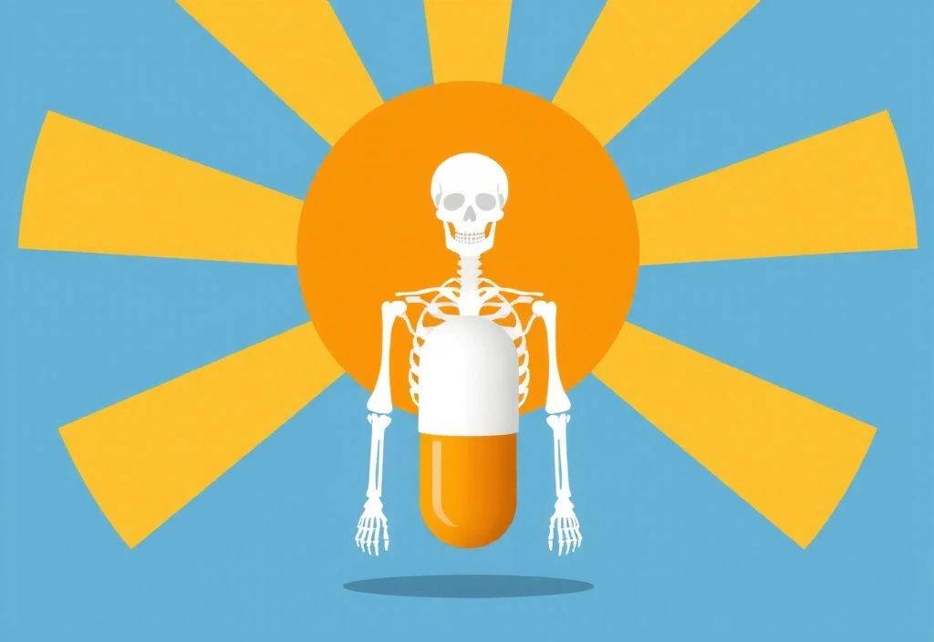 Raggi di sole stilizzati che nutrono una struttura ossea sana, con una capsula di vitamina D in primo piano.