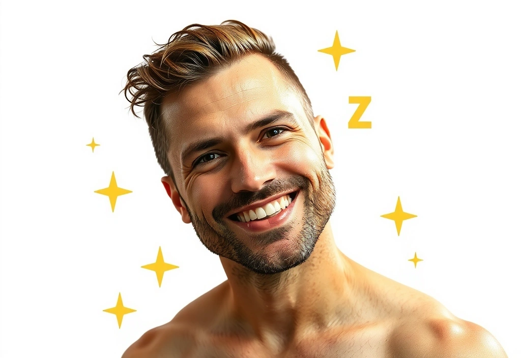 Uomo sorridente con pelle sana e capelli lucenti, simbolo di vitalità e benessere, con elementi stilizzati di zinco intorno.