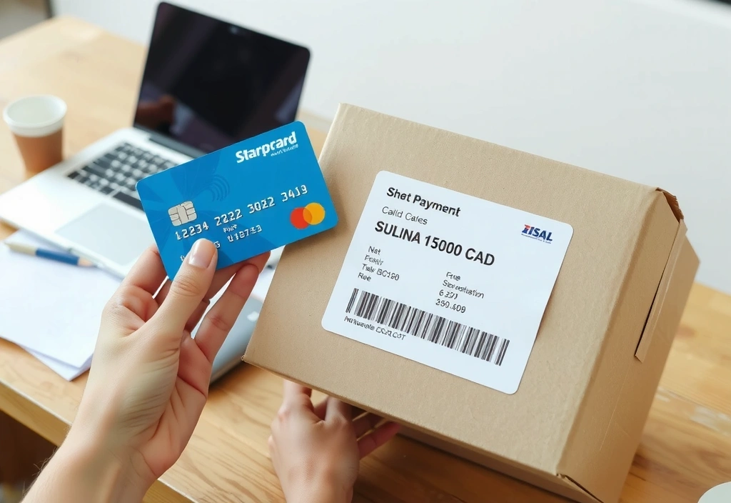 Mani che tengono una carta di credito vicino a un pacco spedito