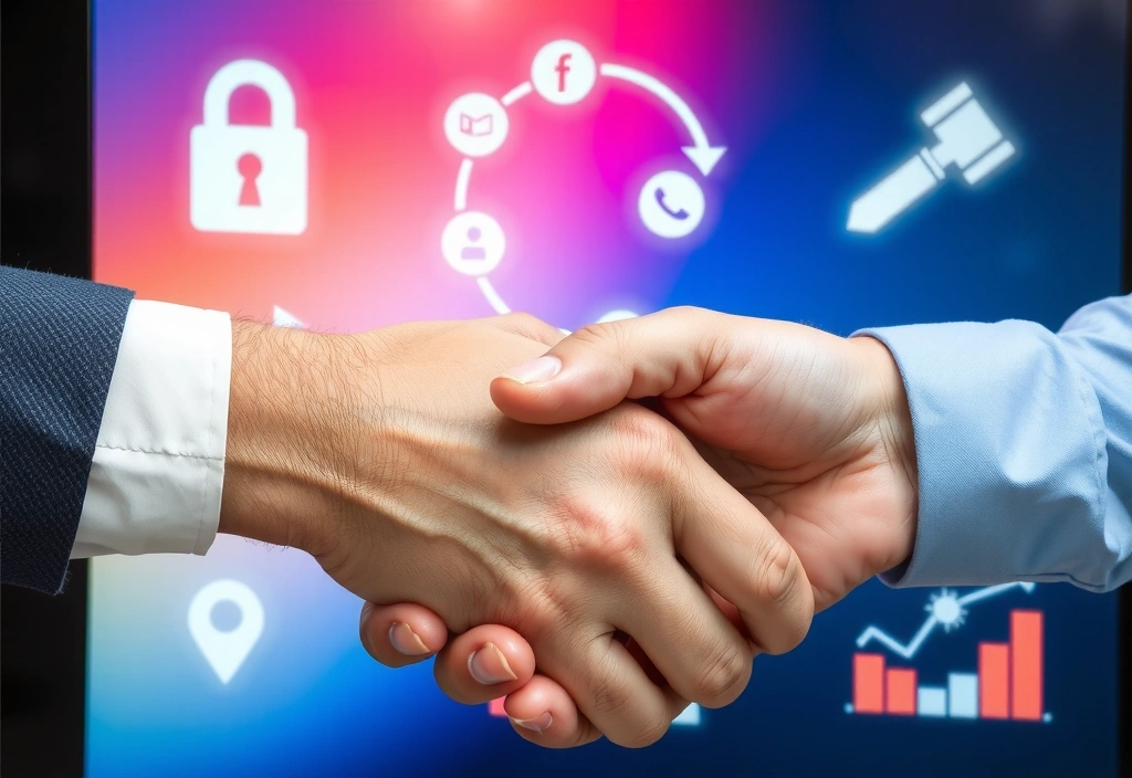 Mani che si stringono davanti a uno schermo con icone di sicurezza e legalità, simboleggiando fiducia e conformità.